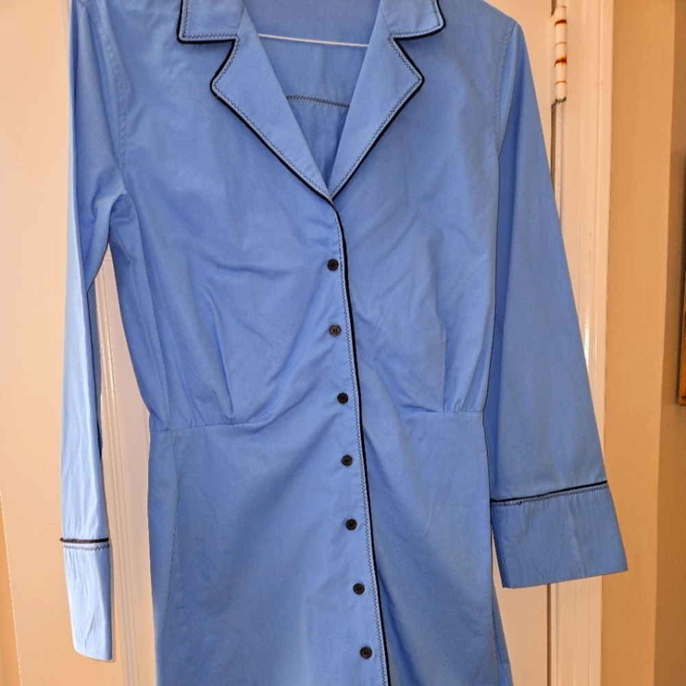 Zara Blue Button-Up Dress with Black Trim